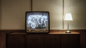 Ein klassischer Röhrenfernseher in einem Wohnzimmer mit einer warm leuchtenden Tischlampe.