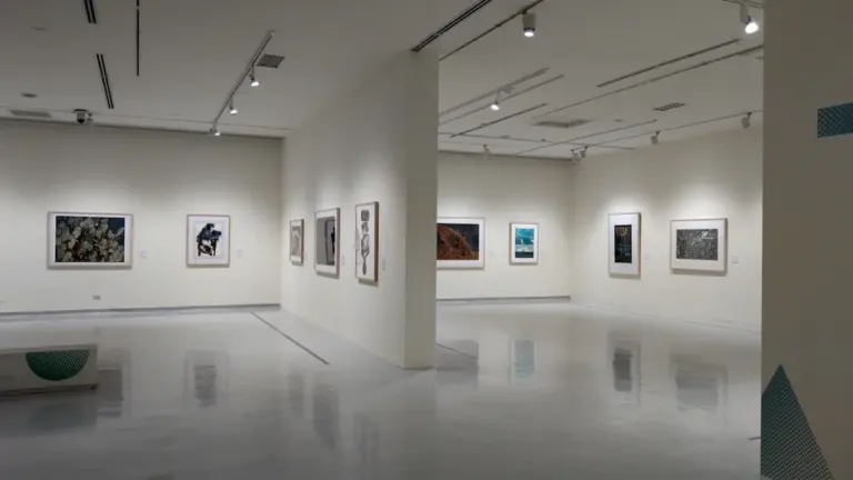 Weite, helle Galerie mit gerahmten Kunstwerken an einer weißen Wand im Lehmbruck Museum.