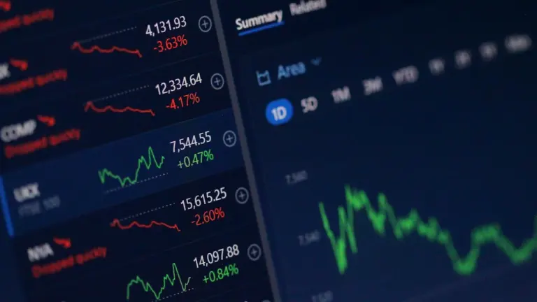 Nahaufnahme eines Monitors mit Finanzmarkt-Daten, Kursentwicklungen und verschiedenen Aktien-Indizes zur Börsenanalyse.