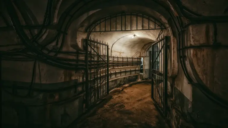 Verlassener, dunkler Bunker mit gewölbter Decke, Rohren und metallenen Torgittern im historischen Kontext.