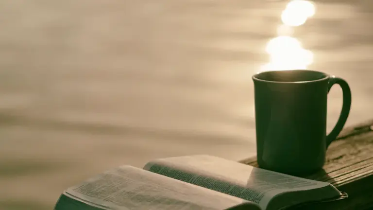 Ein aufgeschlagenes Buch und eine Tasse Kaffee am Ufer im warmen Licht.