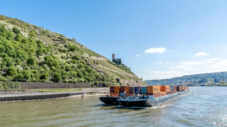 Ein Containerschiff fährt auf dem Rhein an einer steilen Weinberg-Landschaft bei Kaub vorbei.
