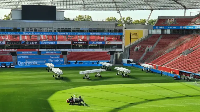 Blick auf den grünen Rasen und die Tribünen der BayArena am Tag.