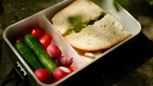 Eine Lunchbox mit Sandwich, frischen Gurken, Radieschen und Tomaten für die Mittagspause.