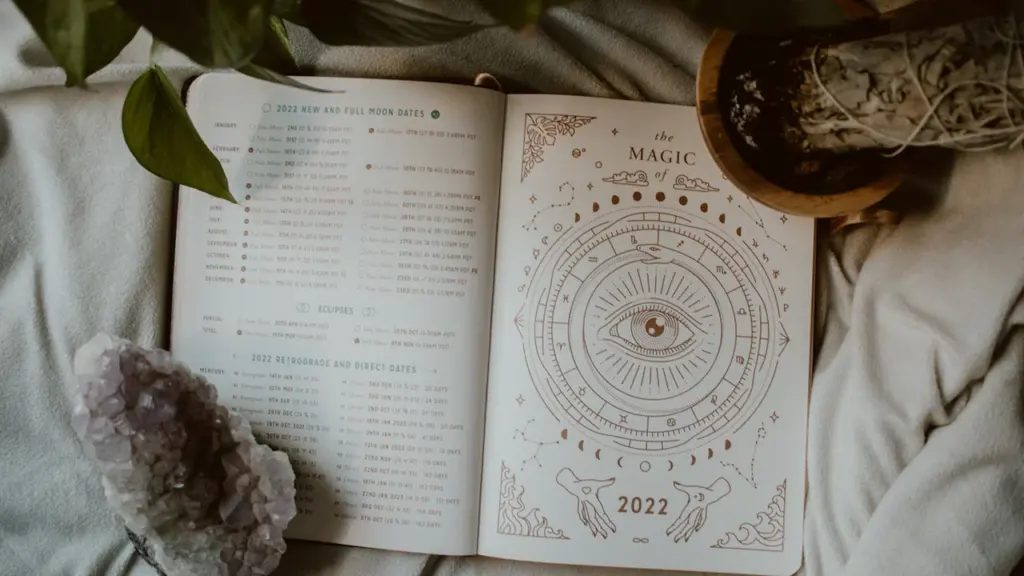 Ein aufgeschlagenes Notizbuch mit astrologischen Illustrationen und Kristallen auf einer Decke.