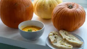 Kürbissuppe mit frischem Brot auf einer Fensterbank für eine herbstliche Stimmung.