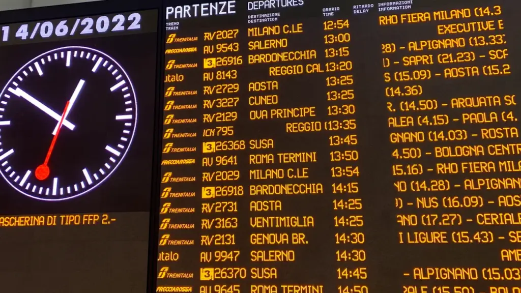 Anzeigetafel in einem Bahnhof mit verschiedenen Zielen und Abfahrtszeiten für Reisende.