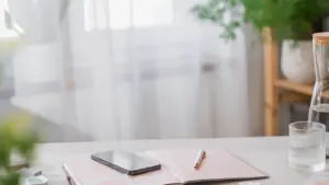 Ein heller Schreibtisch mit Notizbuch, Smartphone und Wasser für eine entspannte Wochenplanung.