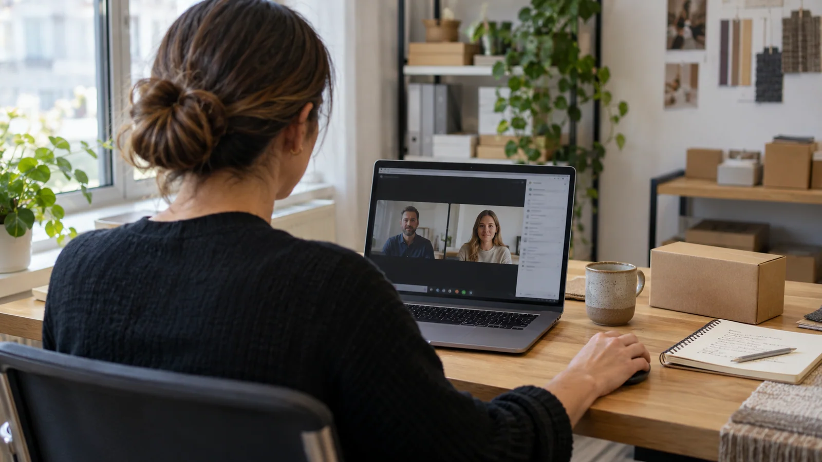 Illustration: Eine Person nimmt am Laptop an einem Videogespräch mit einem Lieferanten teil.